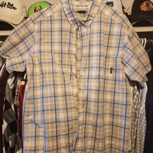 New Columbia button up, short sleeve shirt. Men's Large. Yellow and blue pattern
